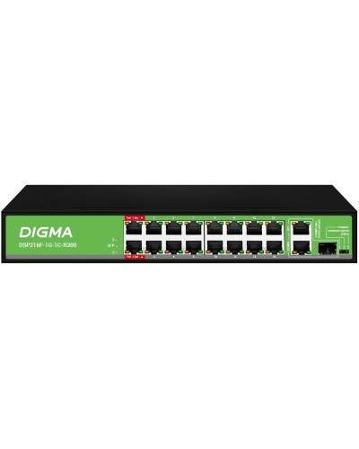 DSP216F-1G-1C-R300 (L2) 16х100Мбит/с 1х1Гбит/с 1хКомбо(1000BASE-T/SFP) 16PoE 16PoE+ 2PoE++ 300W. Коммутатор с питанием по PoE. Digma в Новошахтинске