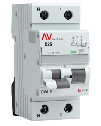 DVA-6 1P+N 25А (C) 30мА (AC) 6кА  AVERES (rcbo6-1pn-25C-30-ac-av). Автоматический выключатель дифференциального тока. EKF в Новошахтинске