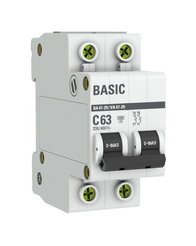 Автоматический выключатель 2P 63А (C) 4,5кА ВА 47-29 Basic (mcb4729-2-63C). Автоматический выключатель. EKF в Новошахтинске