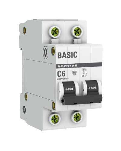 Автоматический выключатель 2P 6А (C) 4,5кА ВА 47-29 Basic (mcb4729-2-06C). Автоматический выключатель. EKF в Новошахтинске