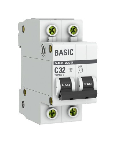 Автоматический выключатель 2P 32А (C) 4,5кА ВА 47-29 Basic (mcb4729-2-32C): Автоматический выключатель в Новошахтинске