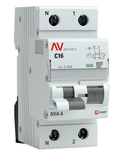 DVA-6 1P+N 16А (C) 30мА (AC) 6кА  AVERES (rcbo6-1pn-16C-30-ac-av). Автоматический выключатель дифференциального тока. EKF в Новошахтинске