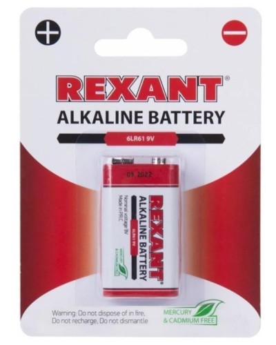 Алкалиновая батарейка 6LR61 («Крона») 9 V 1 шт. блистер REXANT (30-1061). Элемент питания. Rexant в Новошахтинске